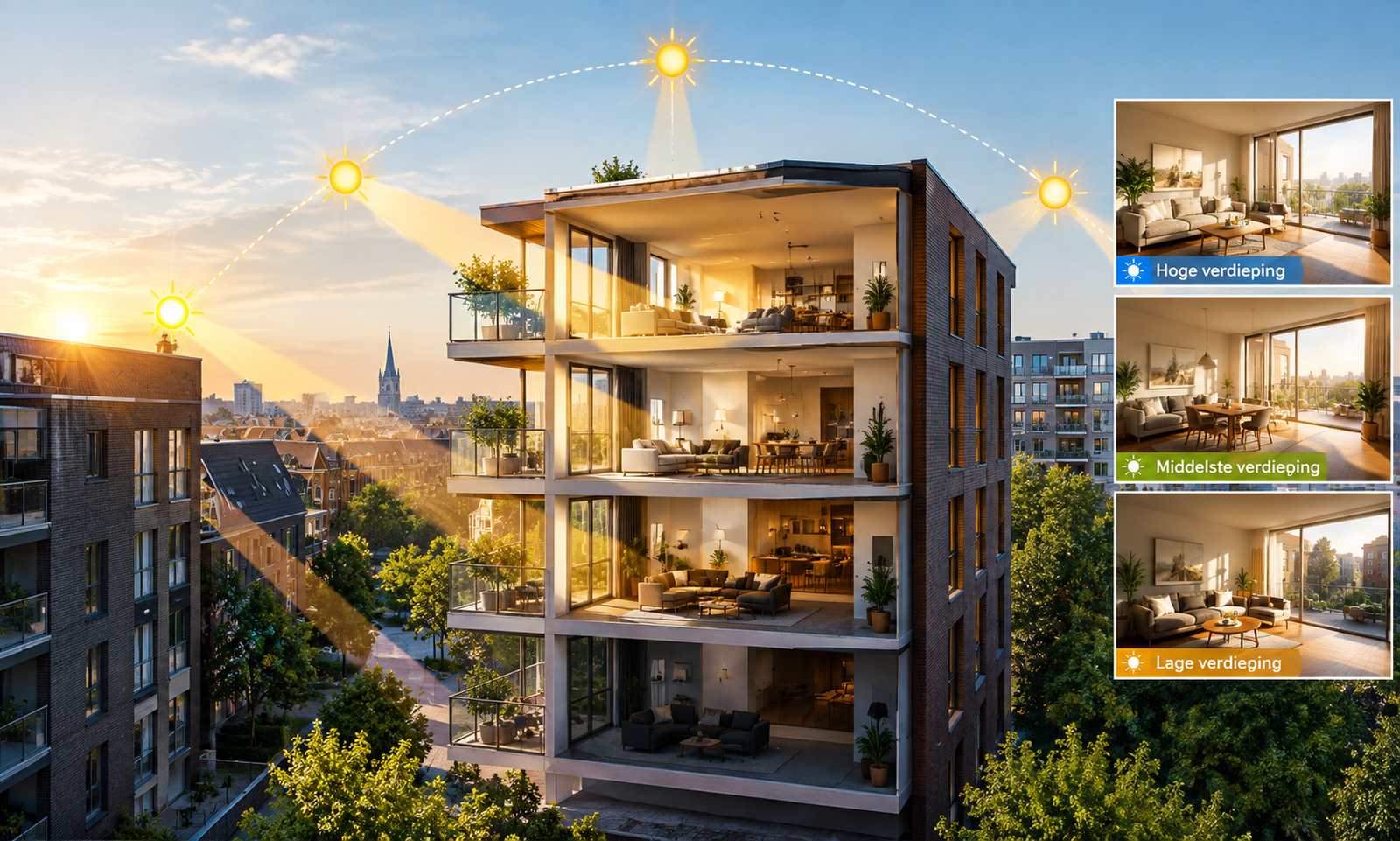 Een appartement kopen: waarom de verdieping meer uitmaakt voor zon dan de ligging